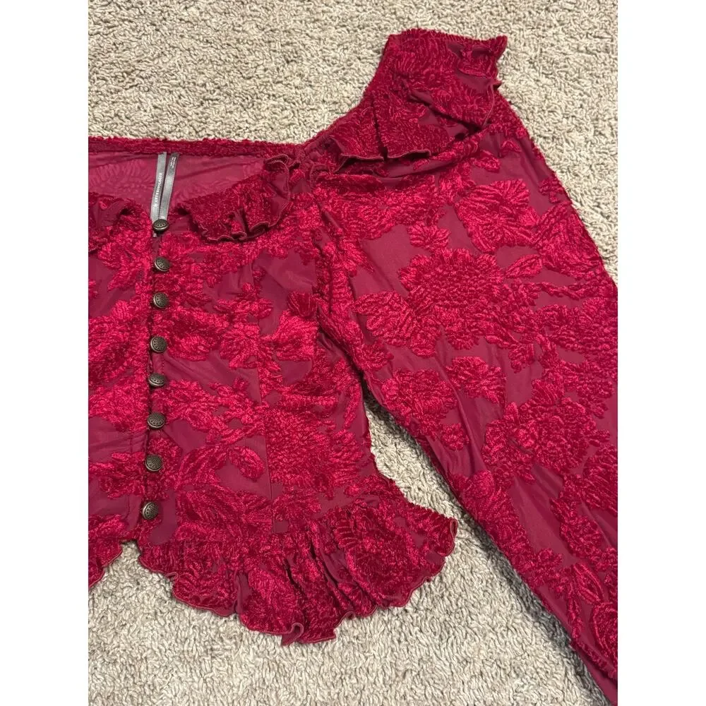 Anthropologie Red Velvet Burnout Peasant Blouse Romantic Cottagecore Top Sz S